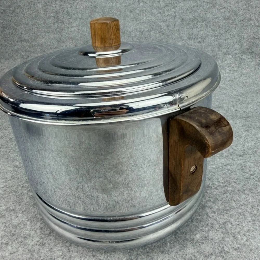 Vintage Keystone Chrome Ice Bucket Wood Handles Lid 2 Tongs Insulated Barware